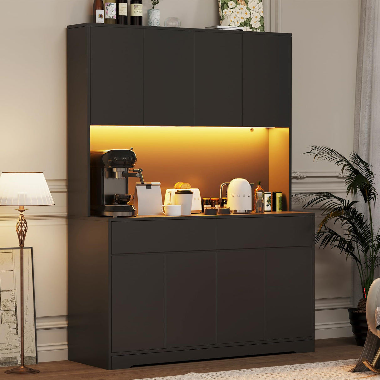 71" Tall Pantry Cabinet, 47" Wide Kitchen Pantry Storage Cabinet with LED Light & Outlet, Kitchen Hutch with Microwave Shelf, Door Shelves & Drawer & Adjustable Shelves, for Dining Room Hlivelood