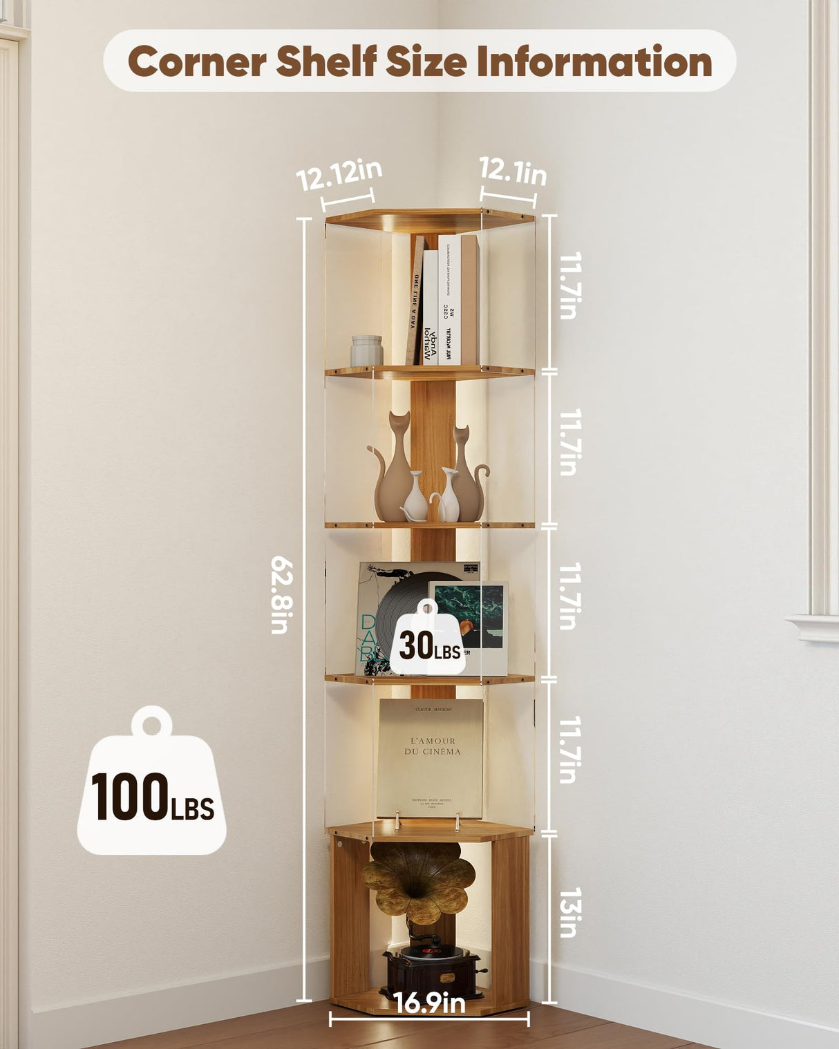 6 Tier Corner Shelf with Adjustable LED Light Corner Shelf Stand 62.8in High Acrylic Corner Display Cabinet for Living Room Bedroom Study Room Baoz