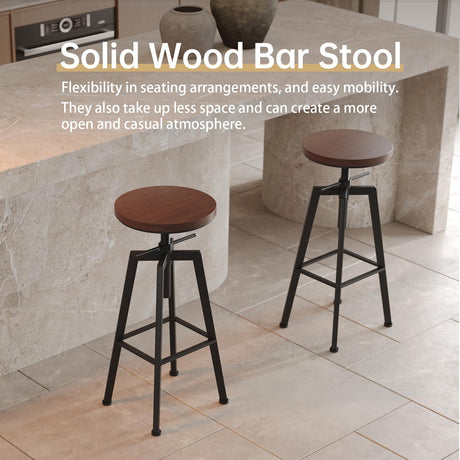VILAVITA Vintage Adjustable Bar Stools Set of 2, Height Ranges from 24.8 to 30.8 inch, Natural Wood Seat and Heavy Metal Frame Rustic Industrial Swivel Bar Stools VILAVITA