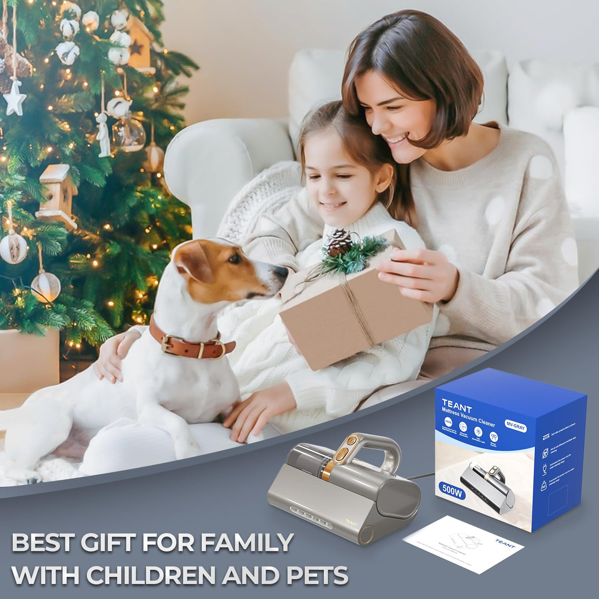 Teant Mattress Vacuum Bed Vacuum Cleaner with 253.7nm UV-C Light, HEPA Filter & 140℉ Heating, 500W & 15Kpa Strong Suction, Lightweight Handheld Vacuum with Dual-Cup Design for Bed and Pet Hair Teant