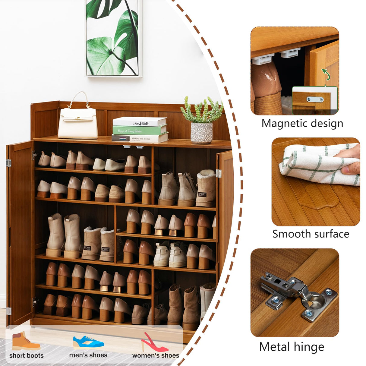 WMIASIN Bamboo Shoe Storage Cabinet with Doors, Shoe Cabinet for Entryway, 6 Tier Freestanding Shoes Heels Sneakers Shoe Rack Shelf, 36-40 Pairs Entryway Shoe Cabinet with Drawers for Hallway, Brown WMIASIN