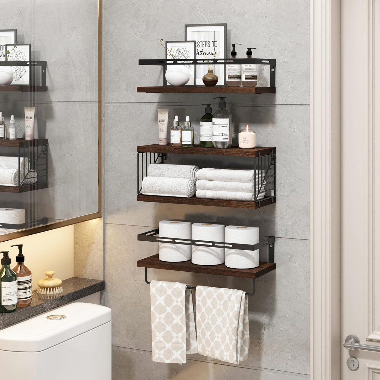 Fixwal 3+1 Tier Wall Mounted Bathroom Shelves Over Toilet, Rustic Wood Floating Shelves with Metal Frame and Towel Bar for Bathroom, Kitchen, Bedroom, Living Room (Dark Brown) Fixwal