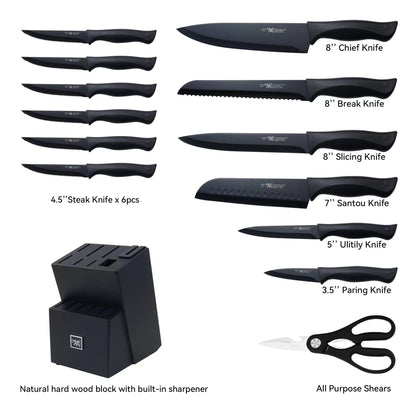 Knife Set, HUNTER.DUAL 15 Pcs Kitchen Knife Set with Block Self Sharpening, Dishwasher Safe, Anti-slip Handle, Black