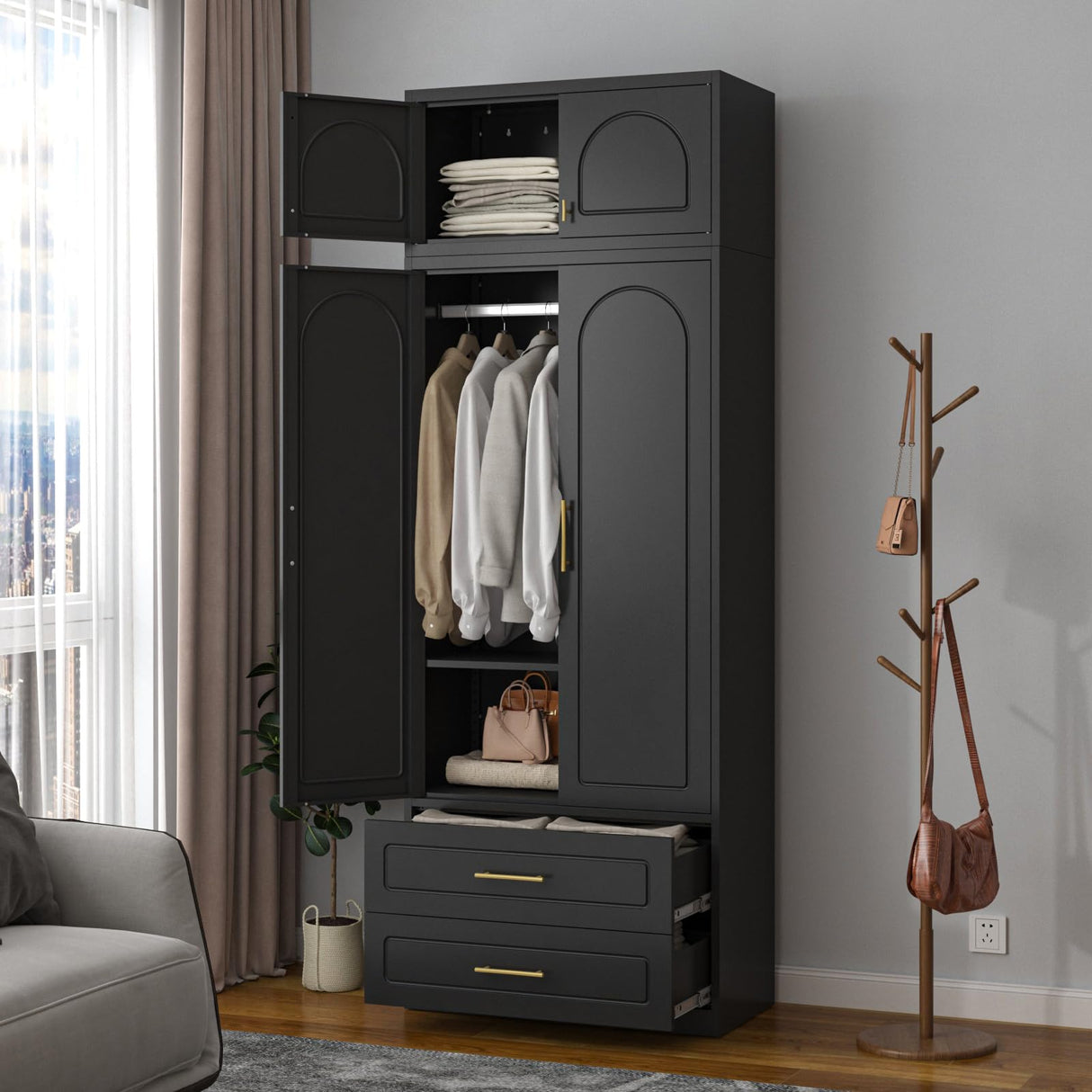 SteeLoong 86" Metal Armoire Wardrobe Closet with 2 Drawers,Tall Clothing Storage Cabinet with Adjustable Shelves and Hanging Rod,Black Wardrobe Closet for Bedroom,Home,Office,Gym SteeLoong
