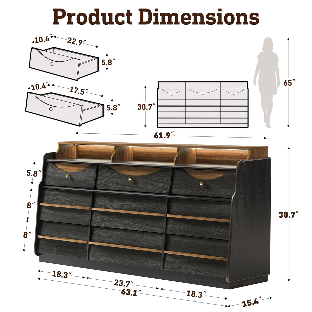63" W 9-Drawer Black Dresser for Bedroom, Modern Wood Chest of Drawers w/LED Light, Round Knobs & Solid Wood Handles, Long Wooden Dresser TV Stand w/Shelf for TVs up to 75", Curved Profile Design STO'SENSE