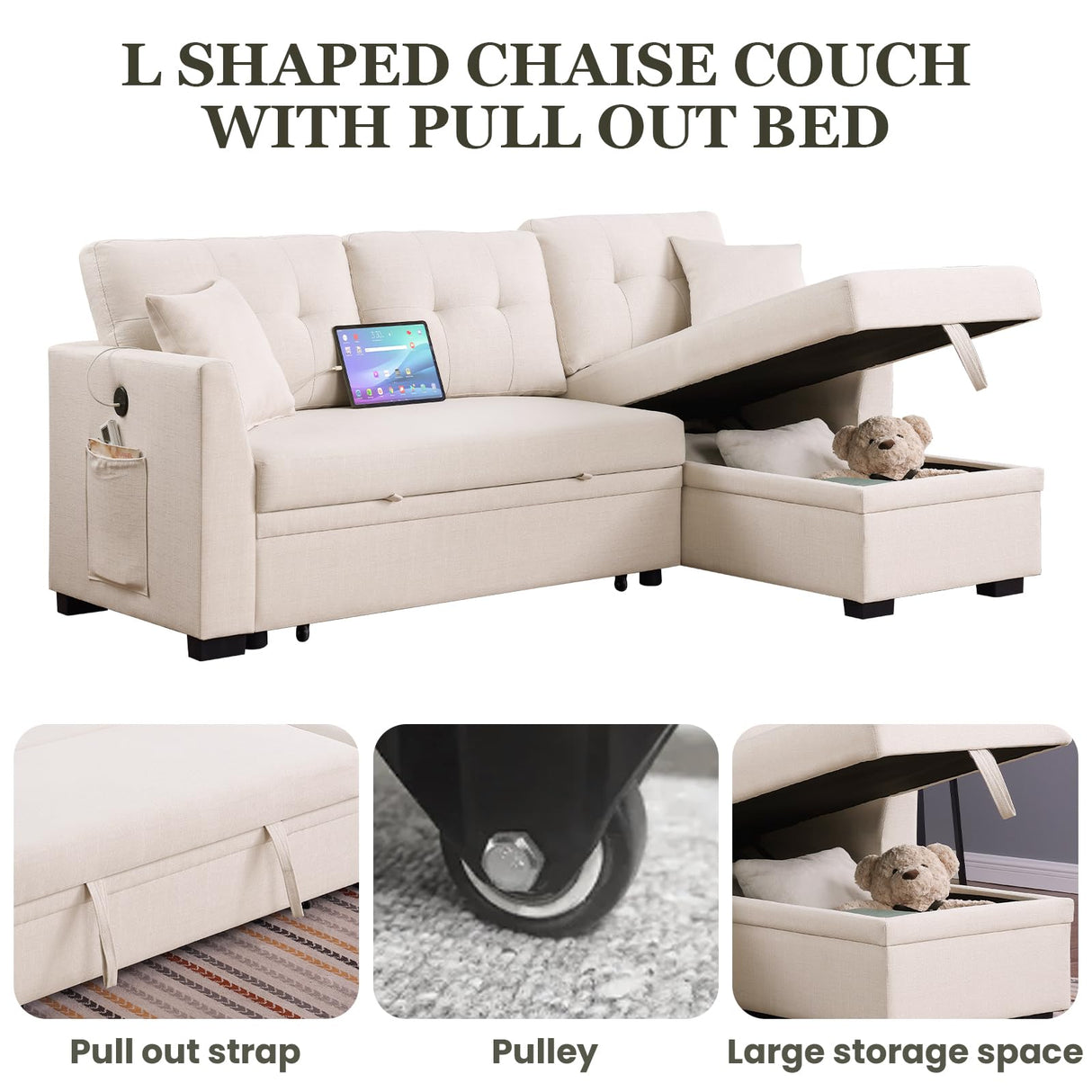 Yafylly L-Shaped Sofa with Storage and Pull-Out Bed, Convertible Futon Chaise Lounge with Ports, Recliner for Living Room, Bedroom, Apartment, Office, Beige Yafylly