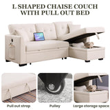 Yafylly L-Shaped Sofa with Storage and Pull-Out Bed, Convertible Futon Chaise Lounge with Ports, Recliner for Living Room, Bedroom, Apartment, Office, Beige Yafylly