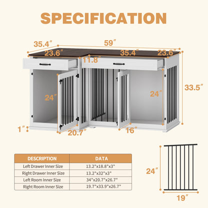 DAWNSPACES Large Corner Dog Crate Furniture for 2 Dogs, 59" Indoor Wooden Furniture Style Dog Kennel House with Double Rooms, Drawers & Removable Divider for Large & Medium Dogs, White