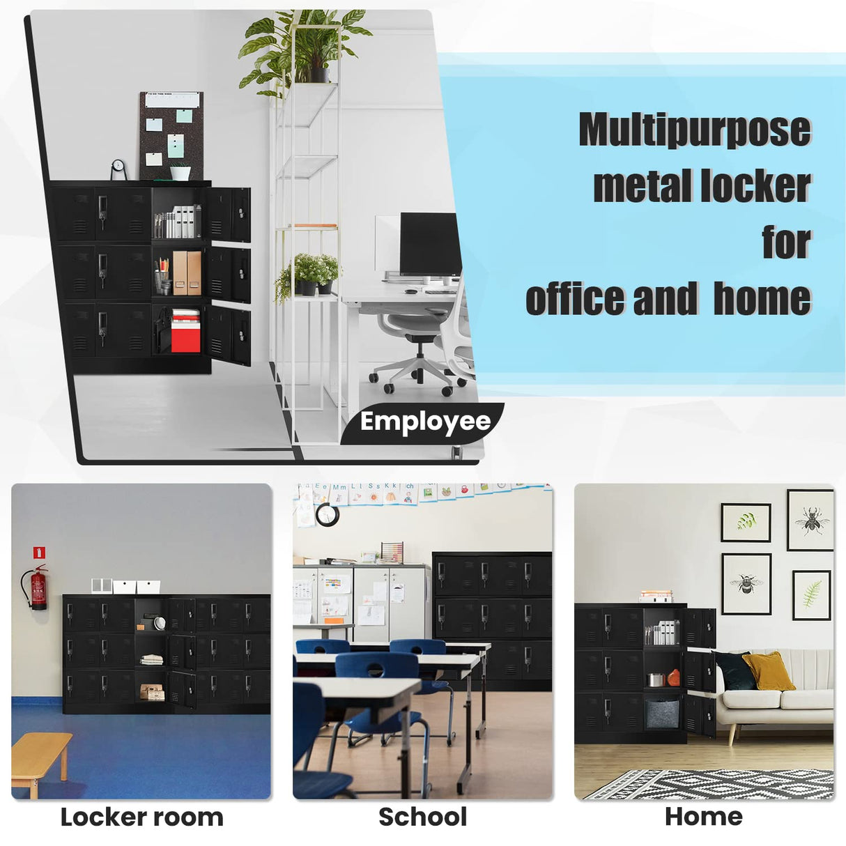 Greenvelly 9 Door Storage Locker for Employee, Metal Locker for Office, Gym, Shool, Lockable Black Steel Locker with Lock and Card Slot for Home,Garage Greenvelly