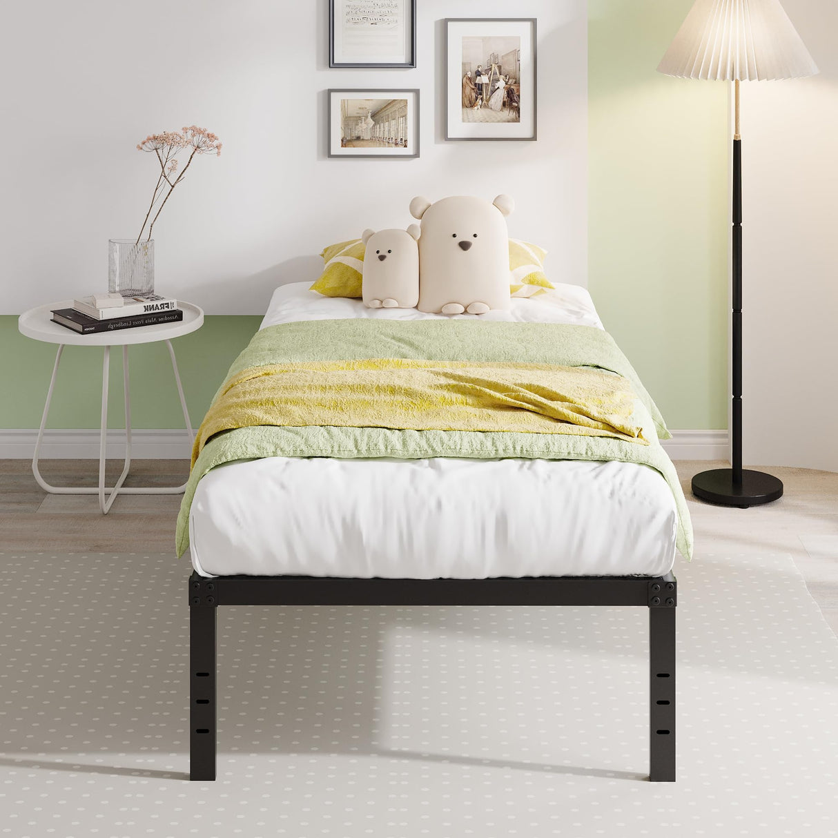 EMODA 18 Inch Twin Bed Frame No Box Spring Needed, Heavy Duty Tall Metal Twin Platform Bed Frames with Large Storage Space, Noise Free, Easy Assembly, Black EMODA