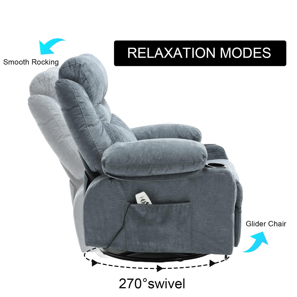 linting Power Swivel Rocker Recliners with Massage and Heat for Adults Fabric Overstuffed Electric Swivel Recliner with Cup Holders USB Port, Rocking Glider Chairs, Blue linting