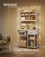 VASAGLE Bakers Rack with Charging Station, Coffee Bar with Adjustable Storage Shelves, Fabric Drawer, 12 Hooks, 15.7 x 39.4 x 71 Inches, Kitchen Microwave Stand, Golden Oak and Cloud White UKKS027Y01 VASAGLE