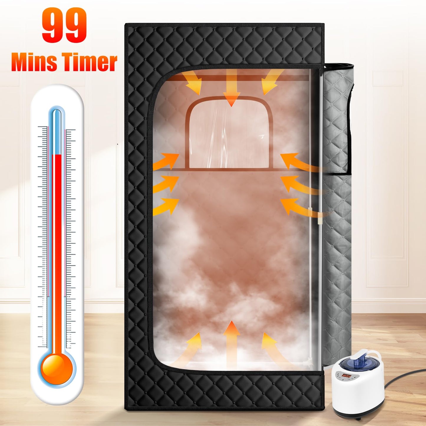 X-Vcak Portable Steam Sauna, Portable Sauna for Home, Sauna Tent Sauna Box with 2.6L Steamer, Remote Control, Folding Chair, 9 Levels, Black, 2.6’ x 2.6’ x 5.9’