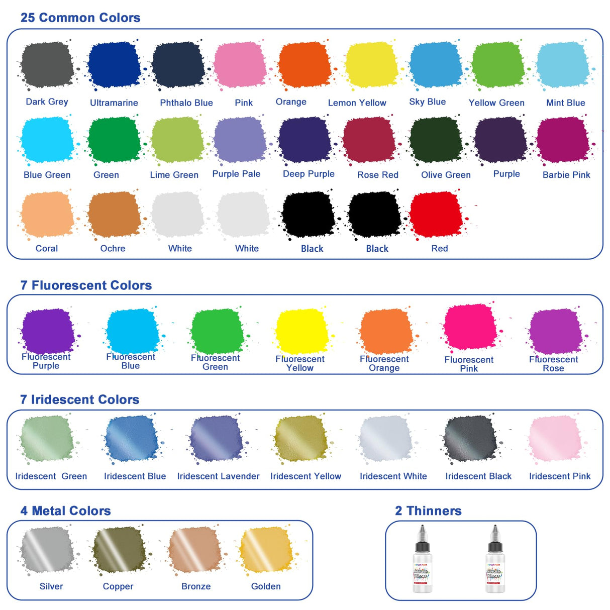 Airbrush Paint - 43 Colors Air Brush Paint Set with 2 Thinners, Ready to Spray Acrylic Pigments for Paintings, Water-Based Acrylic Dye for Metal, Plastic, Canvas, Wood, Leather, Shoes - 20ml/Bottle ART Hoom