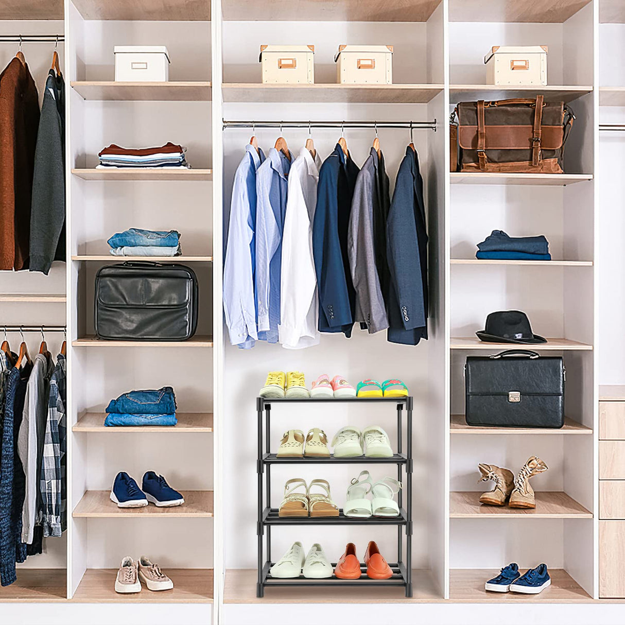 HITHIM 4-Tier Small Shoe Racks, Narrow Shoe Rack for 6-8 Pairs Shoe Storage,Kids Shoe Racks for Small Place,Lightweight Stackable Shoe Shelf Organizer for Closet,Black HITHIM