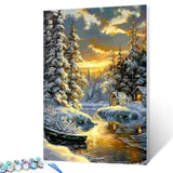 Winter Snow Scenery Paint by Numbers Kits 16x20 inch Canvas Abandon Wooden House DIY Oil Painting for Kids, Adults Beginner River and Forest at Sunset Artwork with Brushes, Landscape Gift(Frameless) Tucocoo