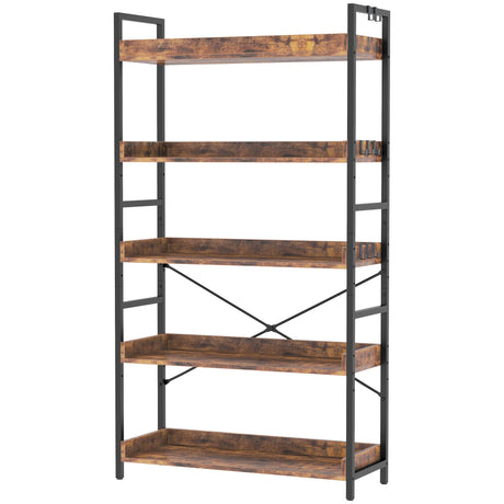 HCHQHS 5 Tier Bookshelf, Adjustable Industrial Bookcase, Vertical Tall Book Shelf, Wood and Black Metal Open Bookshelves for Home Office, Living Room, Bedroom HCHQHS