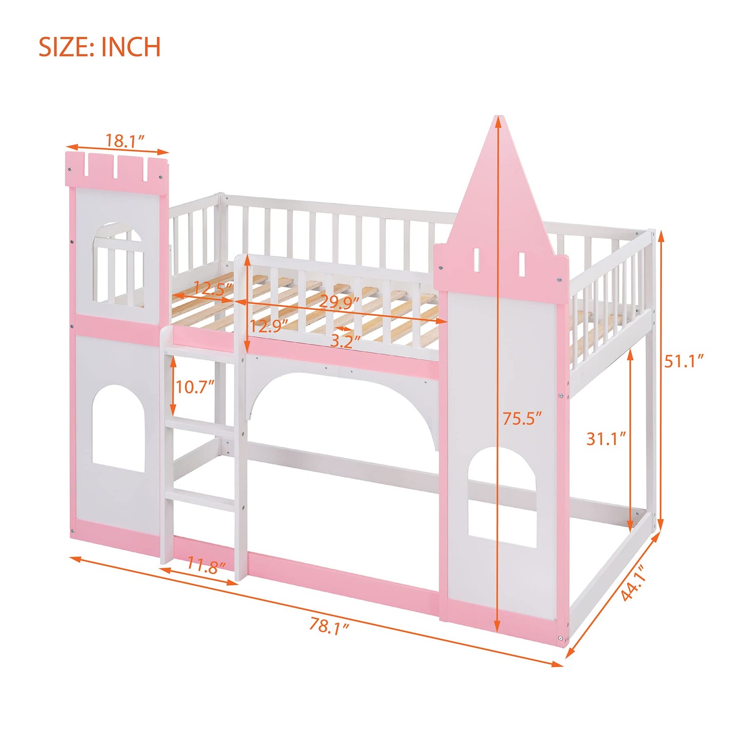 Merax Twin Size Loft Bed Low Bunk Bed, Castle Shaped Wood Bed Frames with Safety Guardrails for Boys or Girls, Pink