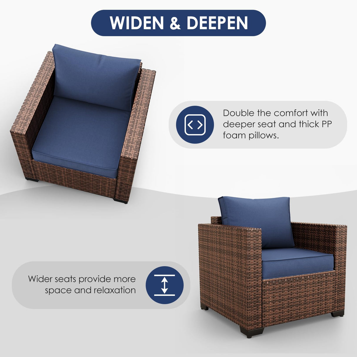 Amopatio Outdoor Patio Furniture Sets, 8 Pieces Wicker Patio Furniture, Outdoor Sectional Patio Couch Set with Ottoman, Outdoor Conversation Set with 44" Gas Fire Pit (Navy Blue) Amopatio