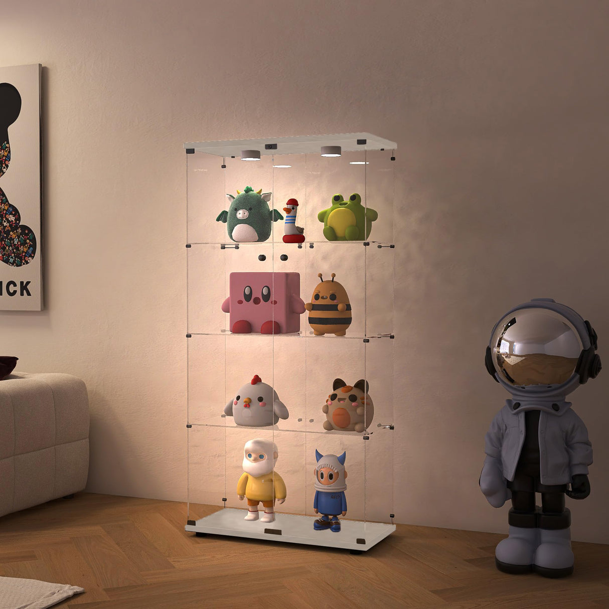 Zacis Glass Display Cabinet with Lights and Lock, 4-Tier Display Case Curio Cabinet with Glass Door, Floor Standing Showcase for Living Room Bedroom Home Office 31" W x 14.3" D x 64.5" H Zacis