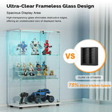 VINGLI Glass Display Cabinet with 3 Shelves, Double Doors and Lock, Floor Standing Curio Cabinets with LED Light, Upgraded Tempered Glass Bookshelf, for Living Room Living Room Bedroom Office, White VINGLI