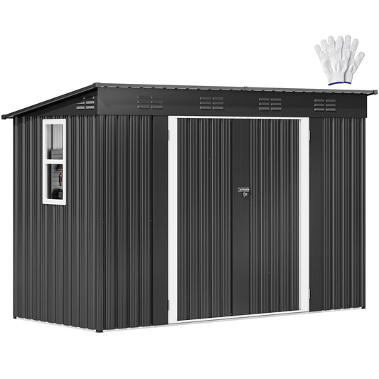 DWVO 9.1x4.2ft Metal Outdoor Storage Shed with Window, Lockable Tool Storage Sheds, Oversized Steel Garden Sheds with Sloped Roof for Backyard, Patio, Garage, Lawn, Dark Gray