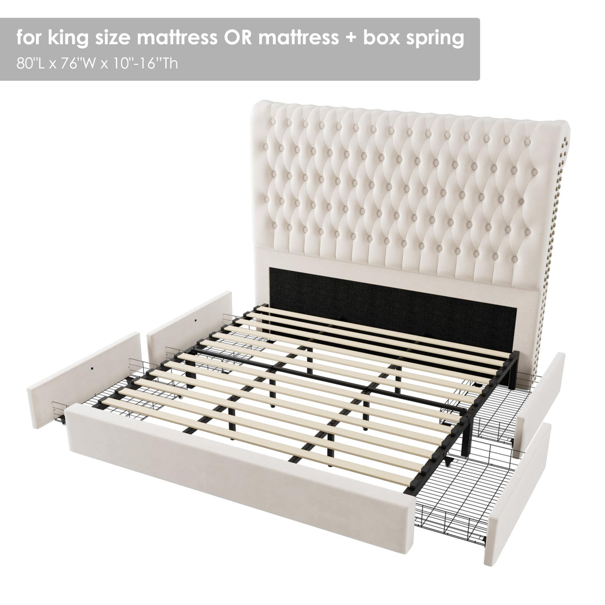 King Size Bed Frame 55" Tall Headboard with Gorgeous Button Tufted and Nail, Velvet Fabric Upholstered Bed Frame includes 4 Under-bed Storage Drawers, Wooden Slats, Noise-Free, Easy Assembly, Beige Keyluv