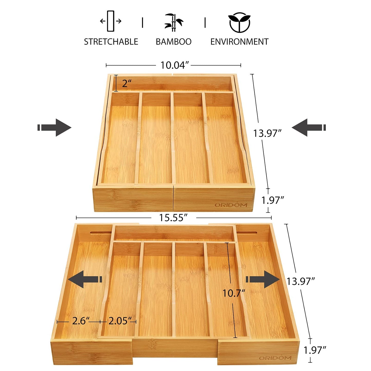 oridom Expandable Bamboo Kitchen Drawer Organizer for Cutlery and Utensils, Adjustable Bamboo Wood Cutlery Tray in Drawer for Flatware and Silverware in Kitchen, (Natural)