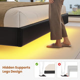 ADORNEVE King Size Floating Bed Frame with LED Lights, Storage Headboard, and Charging Station in PU Black ADORNEVE