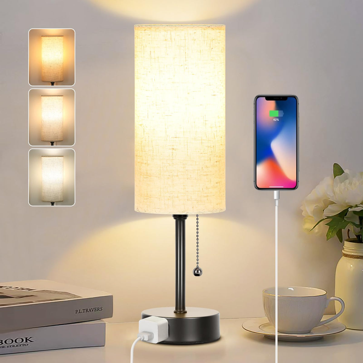 Dott Arts 15" Table Lamp for Bedroom, 3-Color Bedside Lamps with Pull Chain, Bedroom Table Lamps for Nightstand,AC Outlet Small Lamp for Living Room, Bulb Included Dott Arts