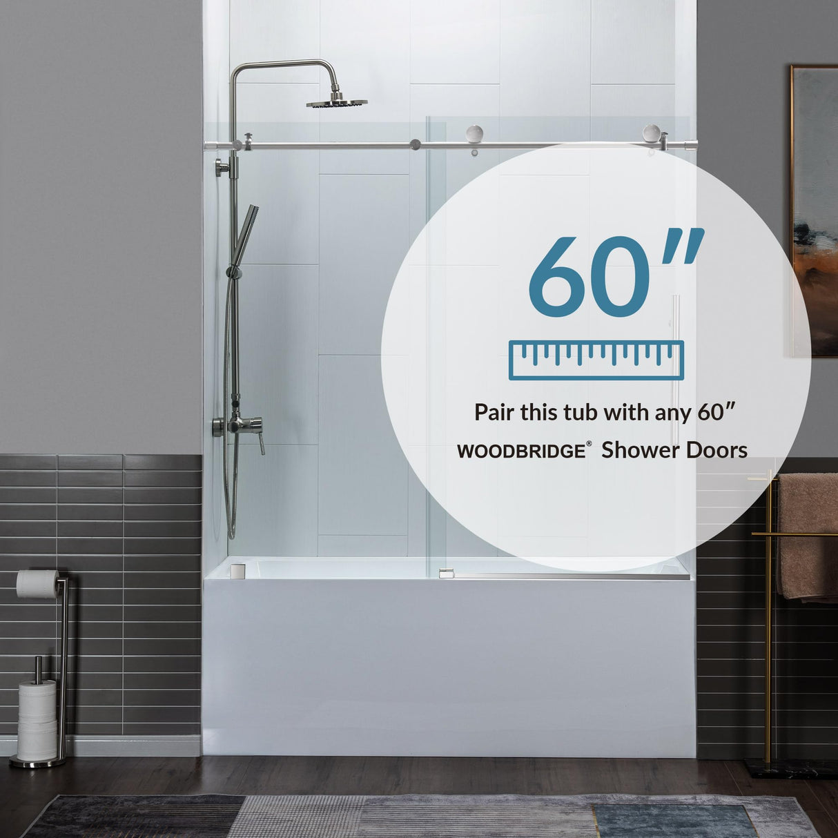 WOODBRIDGE 60" Acrylic Rectangular Alcove Soaking Bathtub in White with Left Drain, Brushed Nickel pop-up Drain Included, LB428-L WOODBRIDGE
