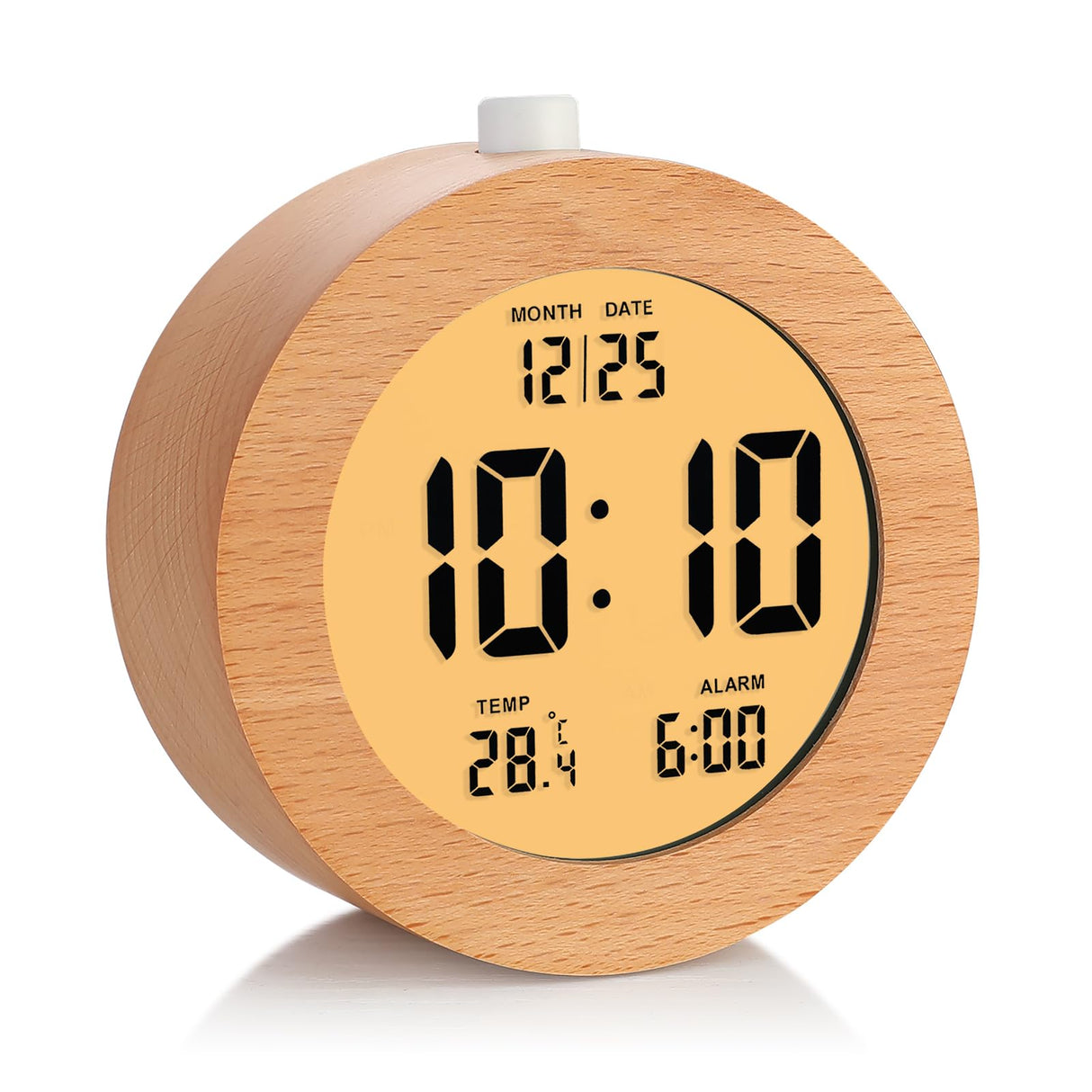 Plumeet Wooden Digital Alarm Clock for Bedrooms, Wood 4'' Battery Powered Alarm Clock with Snooze and Nightlight, Electronic LCD Desk Clock Display Time, Date, Temp, 12/24H, Wood Décor, Round, Brown Plumeet
