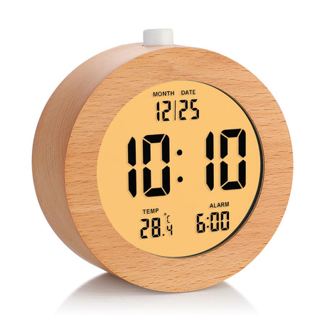 Plumeet Wooden Digital Alarm Clock for Bedrooms, Wood 4'' Battery Powered Alarm Clock with Snooze and Nightlight, Electronic LCD Desk Clock Display Time, Date, Temp, 12/24H, Wood Décor, Round, Brown Plumeet