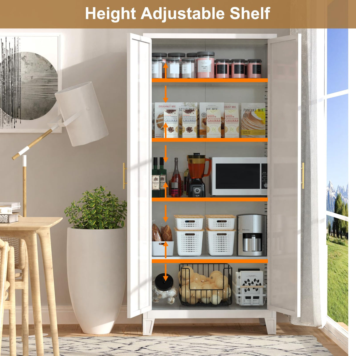 Nobilsteel 71''Metal Kitchen Storage Cabinet with 2 Doors and 4 Adjustable Shelves, 5-Tier Tall White Food Metal Pantry Storage Cabinet for Kitchen, Dining/Living Room Nobilsteel