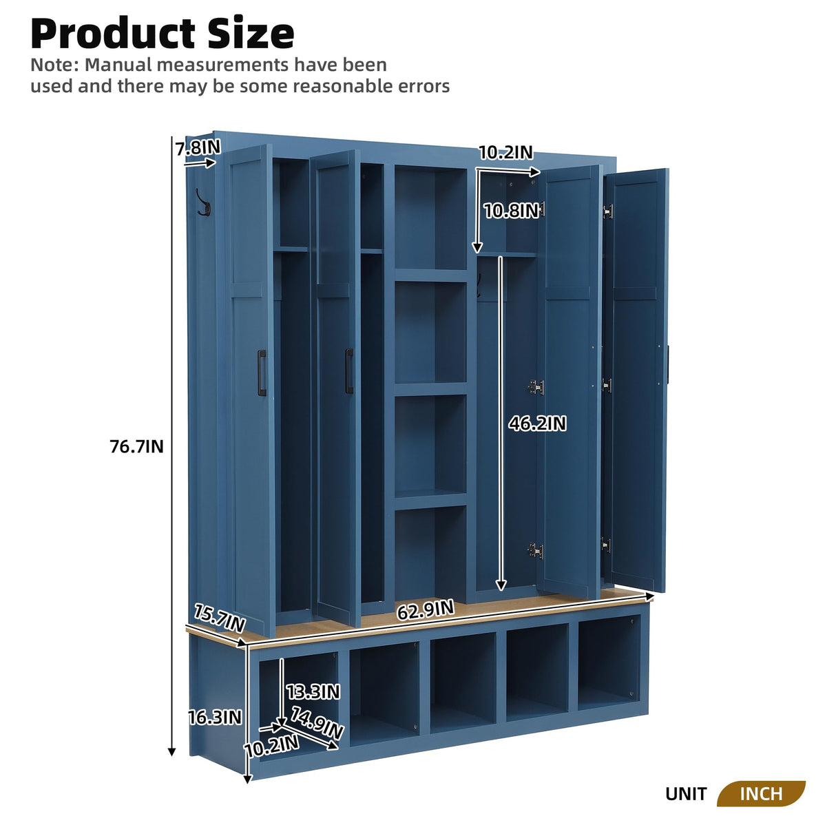 Ball & Cast 62.9" Farmhouse Hall Tree with Bench,4-in-1 Coat Rack W/Display Shelf,4 Storage Unit and 5 Shoe Cabinet,Entryway Cabinet W/ 6 Hanging Hookers,for Hallway,Living Room,Mudroom,Blue Ball & Cast