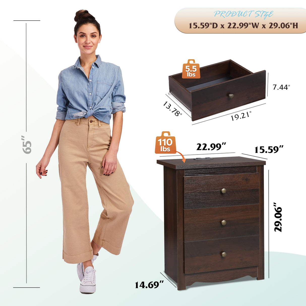 WLIVE Tall Nightstand with Charging Station, Wood Nightstand with 3 Drawers, Side Table for Bedroom, Dorm, End Table with 2 USB Ports and 2 AC Outlets, Bedside Table, Espresso WLIVE