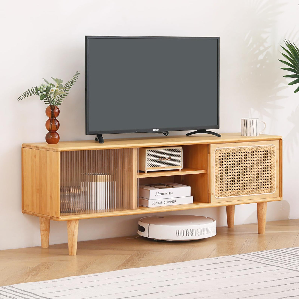 Tiita Rattan TV Stand for 55 Inch TV, Bamboo TV Cabinet with Adjustable Shelf and Storage, Boho Entertainment Center, Mid Century Modern Media Console for Bedroom, Living Room, Study (Natural) Tiita