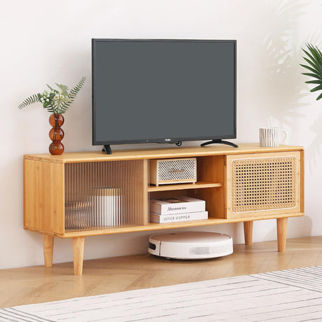 Tiita Rattan TV Stand for 55 Inch TV, Bamboo TV Cabinet with Adjustable Shelf and Storage, Boho Entertainment Center, Mid Century Modern Media Console for Bedroom, Living Room, Study (Natural) Tiita