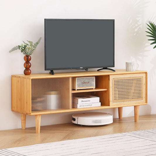 Tiita Rattan TV Stand for 55 Inch TV, Bamboo TV Cabinet with Adjustable Shelf and Storage, Boho Entertainment Center, Mid Century Modern Media Console for Bedroom, Living Room, Study (Natural - WoodArtSupply