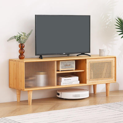 Tiita Rattan TV Stand for 55 Inch TV, Bamboo TV Cabinet with Adjustable Shelf and Storage, Boho Entertainment Center, Mid Century Modern Media Console for Bedroom, Living Room, Study (Natural)