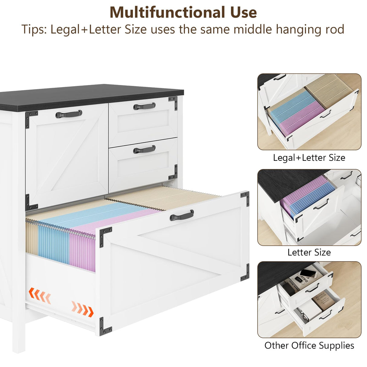 Lateral File Cabinet with 4 Drawers Farmhouse File Cabinet for Letter/Legal/A4 Size Hanging Files, Large Wood File Storage Cabinets Printer Stand for Home Office Cabinet, White and Black Halitaa