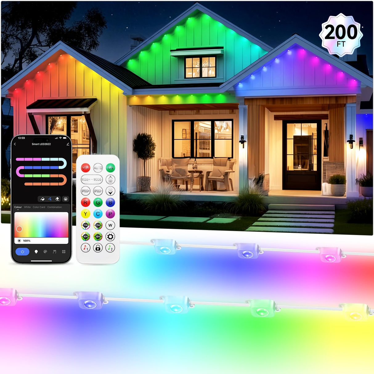 200FT Permanent Outdoor Lights, 100 Smart Waterproof IC+RGBCW LED Eaves with Warm White & Cool White, Halloween Christmas Permanent Light with 48 Scenes Mode for All Holiday Decor Party Daily Lighting lemonlovely