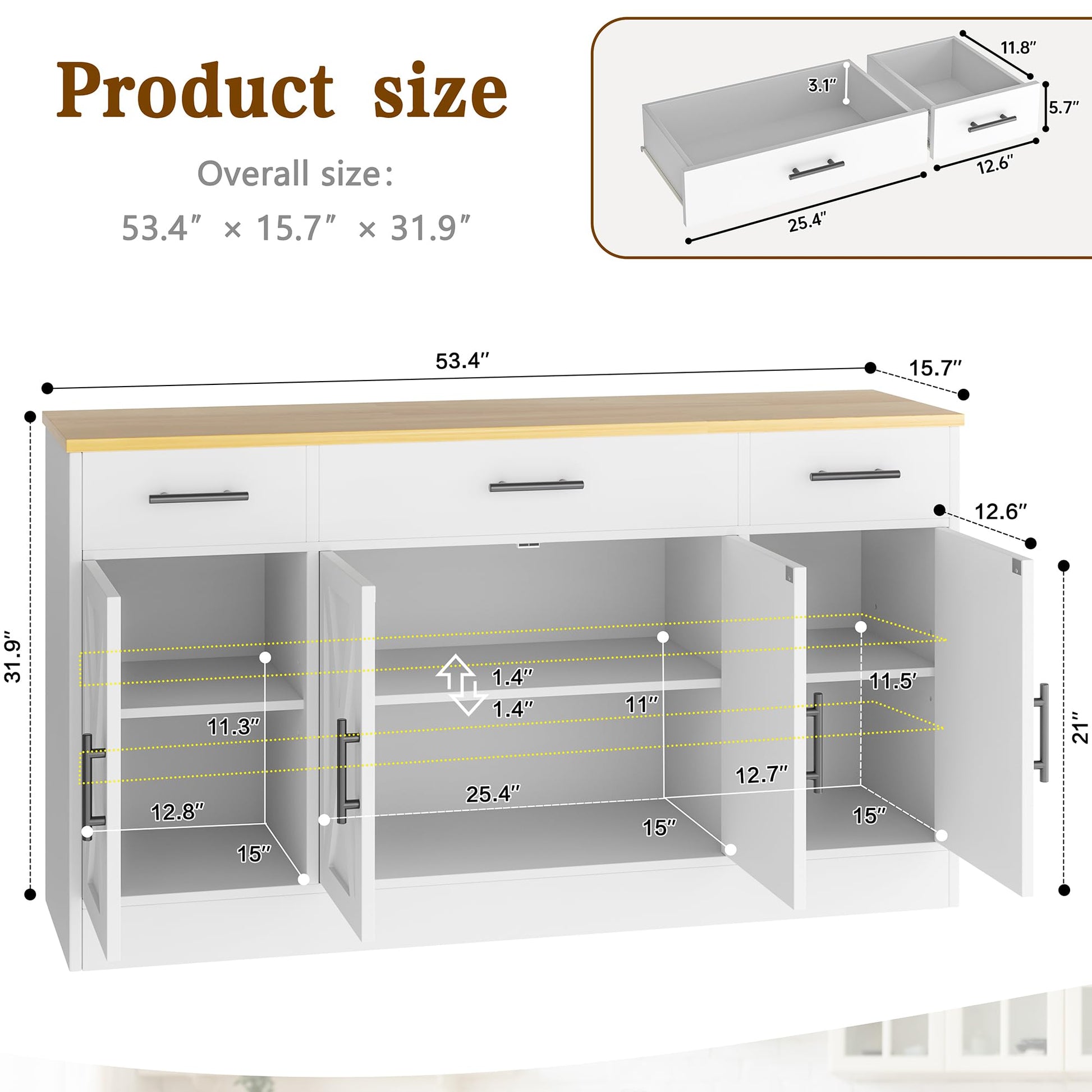 Vongrasig Buffet Cabinet with Drawers, 53” Large Sideboard Buffet Kitchen Storage Cabinet, Modern Farmhouse Coffee Bar with Shelves and Doors, Wood Buffet Table for Kitchen, Dining Room, Whit - WoodArtSupply