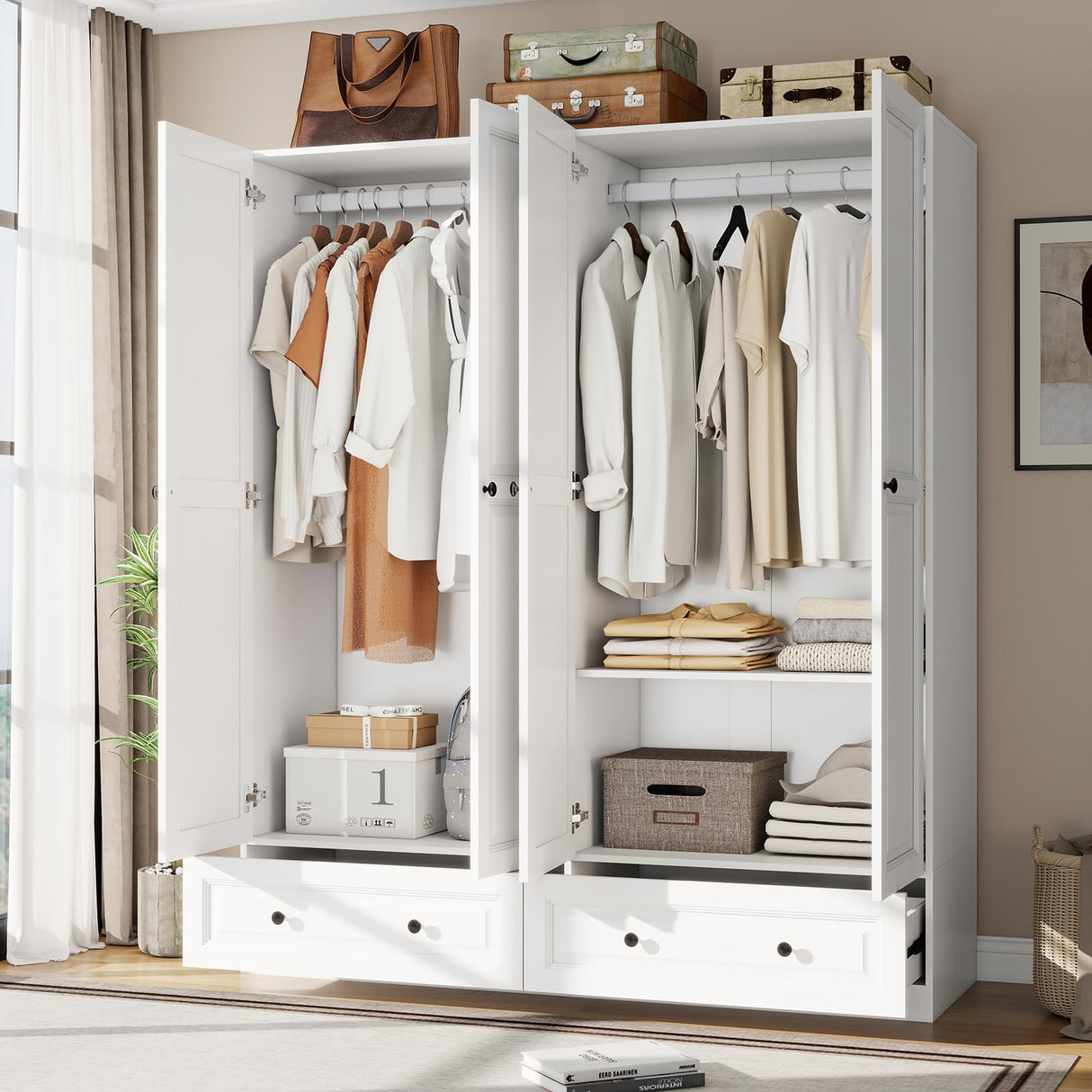 Vrmuxita Armoire Wardrobe Closet with Drawers: 74" White Tall Wooden Wardrobe Closet for Hanging Clothes, Large Bedroom Armoires with 2 Drawers, 4 Door Armoire Storage Cabinet (White, 63") Vrmuxita