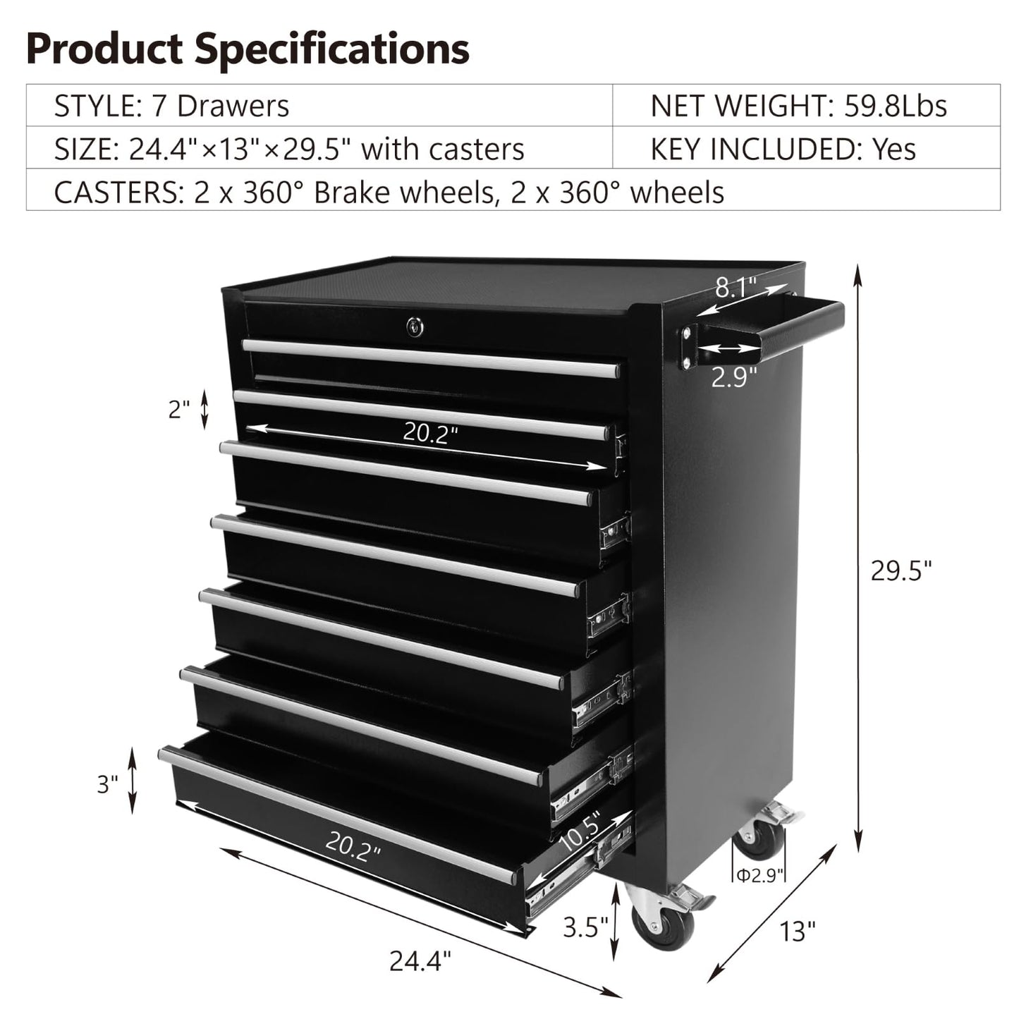 YSJZYBF 7 Drawers Rolling Tool Chest with Wheels Tool Box Organizer with Large Storage Cabinet Removable Portable Tool Cabinet with Locking System - WoodArtSupply