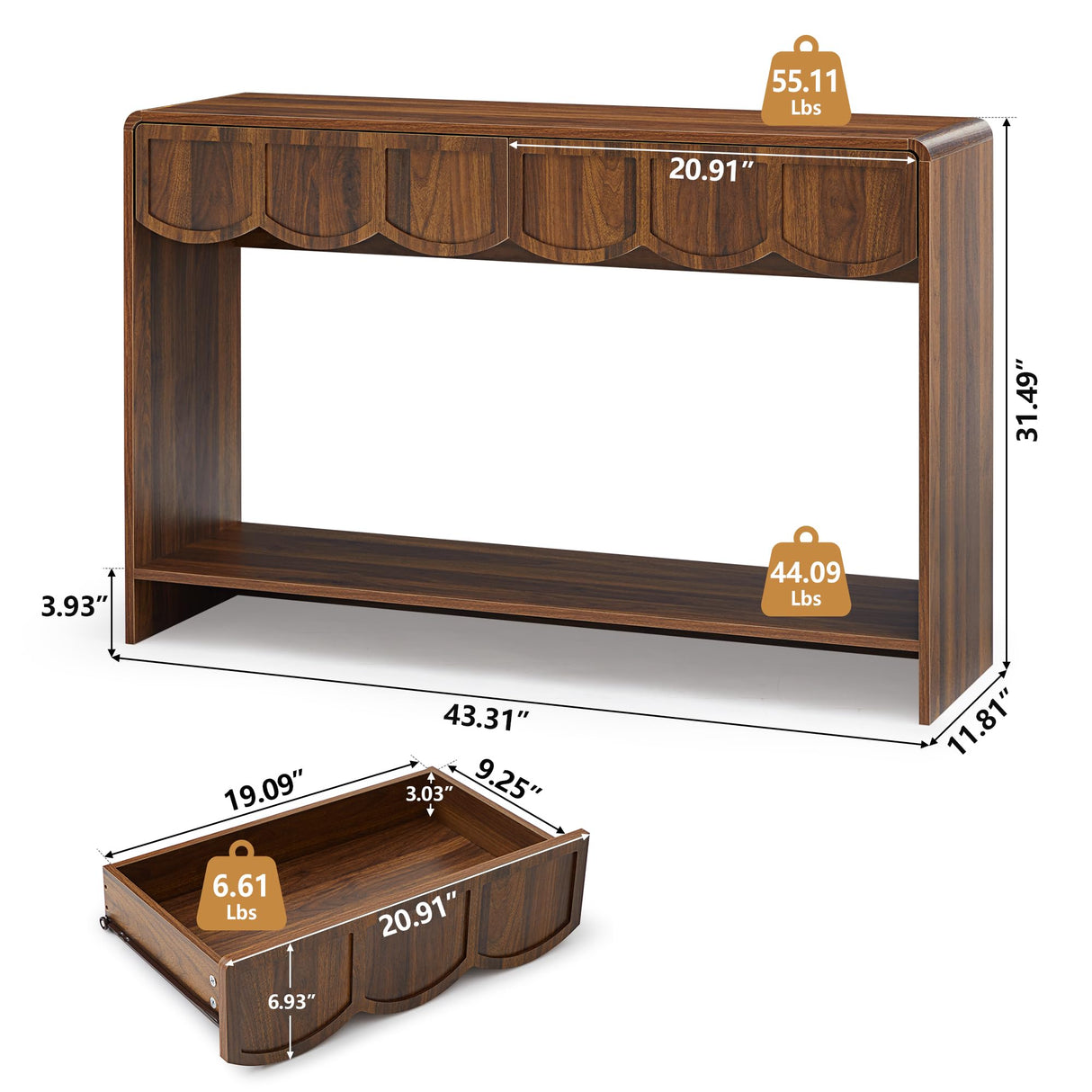 Console Table with Drawers, Mid-Century 43 Inches Narrow Entryway Table with Open Storage Shelves, Hallway Accent Table Behind Couch Table for Living Room - Walnut ORRD