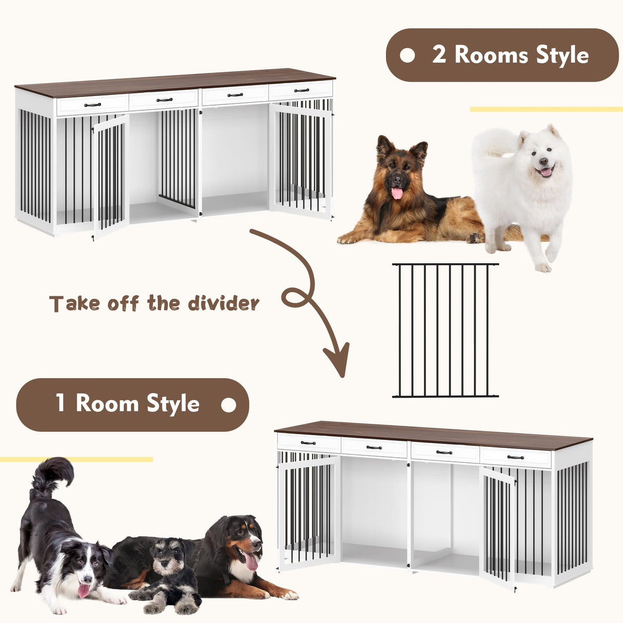 Timechee Extra Large Dog Crate with Double Rooms, 93" Heavy Duty Wooden Dog Cage Furniture Dog Crate Kennel w/Drawers & Removable Divider,Indoor Luxury Dog House for Large Dogs,White Timechee