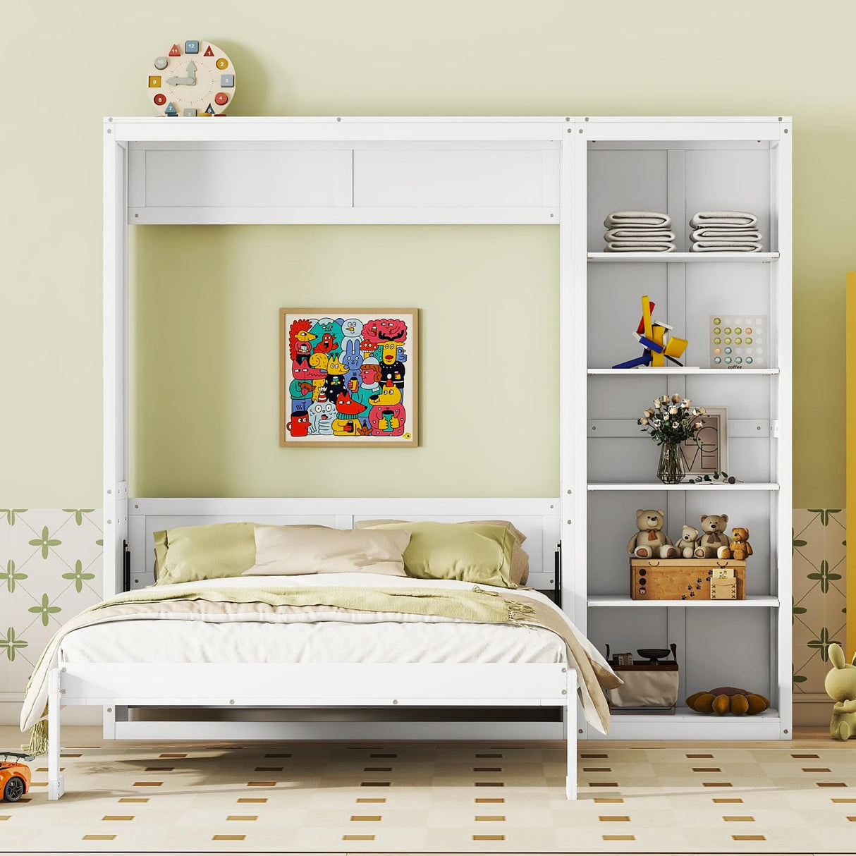 Merax Queen Size Murphy Bed, Wood Queen Wall Bed Frame with Shelves, Murphy Cabinet Bed for Home, Office or Small Room, White Merax