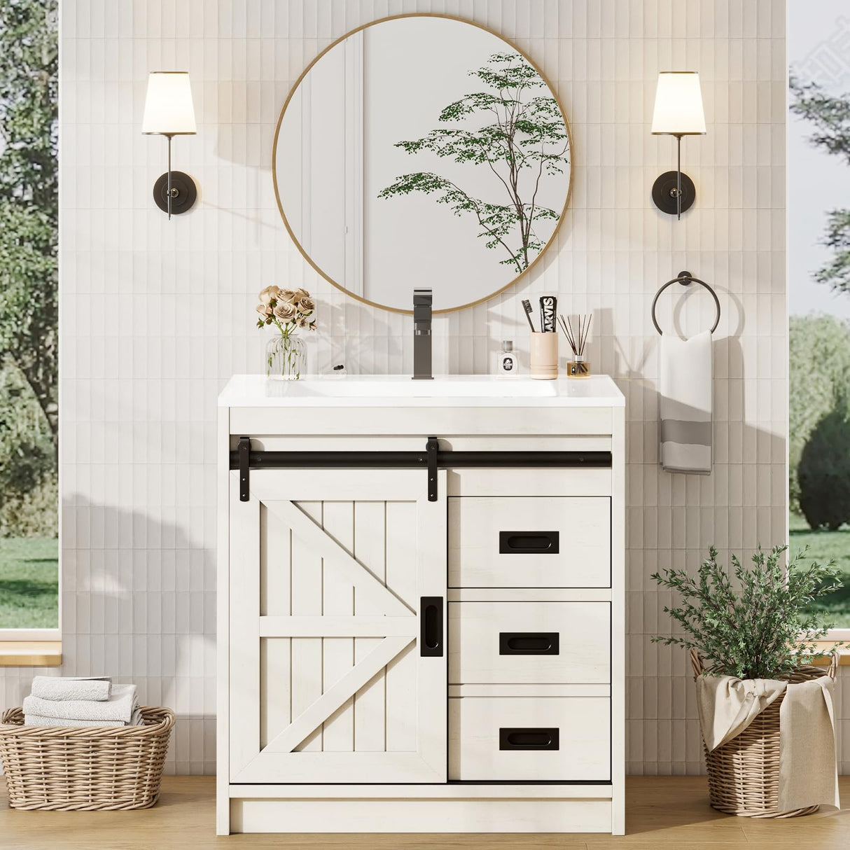 AMERLIFE Farmhouse Bathroom Vanity with Sink Combo, 31in Sliding Barn Door Bathroom Vanity Cabinet Set with Storage Drawers, Metal Handles, Small Single Bath Storage Vanity Sink, Antique White AMERLIFE