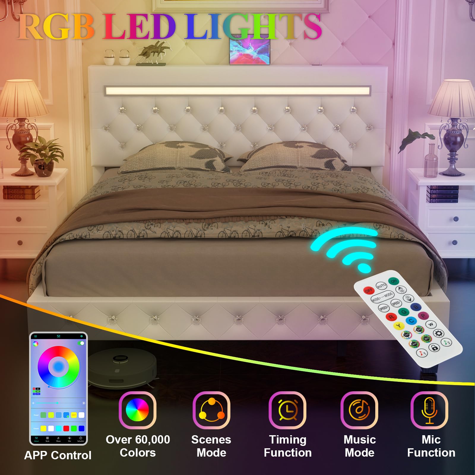 Kallabe White King Size Adjustable Leather Bed Frame with LED Lights & Charging Station - WoodArtSupply